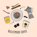 Bulletproof coffee and ingredients. Hand drawn set of ingredient for bulletproof coffee recipe. Ghee, coconut oil, mct oil,