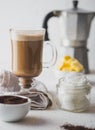 BULLETPROOF COFFEE. Ketogenic keto diet coffe blended with coconut oil and butter. Cup of bulletproof coffee and Royalty Free Stock Photo