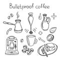 Bulletproof coffee. Set. Vector sketch