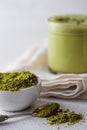 BULLETPROOF MATCHA. Ketogenic keto diet hot drink. Tea matcha blended with coconut oil and butter. Cup of bulletproof Royalty Free Stock Photo