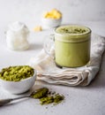 BULLETPROOF MATCHA. Ketogenic keto diet hot drink. Tea matcha blended with coconut oil and butter. Cup of bulletproof Royalty Free Stock Photo