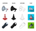 Bulletproof vest, megaphone, cone of fencing, electric shock. Police set collection icons in cartoon,black,outline,flat Royalty Free Stock Photo