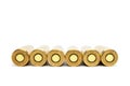 Bullets bottom isolated on white background. Cartridges 7.62 caliber for Kalashnikov assault rifle closeup