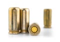 Bullets for a gun isolated on white background with reflection, cartridges for pistol 9mm, illustrative photo Royalty Free Stock Photo