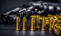 Bullets and handcuffs. Close-up of 9mm pistol. Gun and weapon with bullets amunition on black backround. Top view. Royalty Free Stock Photo