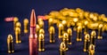 Bullets and handcuffs. Close-up of 9mm pistol. Gun and weapon with bullets amunition on black backround. Top view.