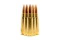 Bullets isolated on white background. Cartridges 7.62 caliber for Kalashnikov assault rifle closeup. Selective focus