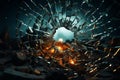 Bullets path left circular cracks emanating from shattered windows hole Royalty Free Stock Photo