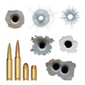 Bullets realistic. Damaged cracked gun holes surfaces and bullets different caliber armor rifles vector collection