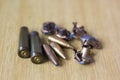 Bullets, shell casings, crumpled bullets from impact close-up