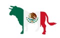 Bullfight bull with Mexico flag over vector silhouette illustration isolated on background.