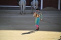 Bullfight in spain with Big black bull in the spanish bullring Royalty Free Stock Photo