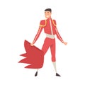 Bullfighter, Toreador Character Dressed in Traditional Red Costume Waving Cape, Spanish Corrida Performance Cartoon Royalty Free Stock Photo