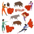 Bullfighting corrida. Vector illustration of matador and bull in various dynamic poses Royalty Free Stock Photo