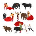 Bullfighting set of corrida people, flat design Royalty Free Stock Photo