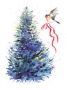 Bullfinch bird flies up to the Christmas tree with a festive red ribbon. Watercolor illustration isolated on white background Royalty Free Stock Photo