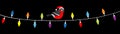 Bullfinch bird in red Santa hat. Lightbulb glowing garland. Christmas lights. Colorful string fairy light set. Cone shape. Holiday