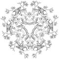 Bullfinch birds mandala vector illustration black and white engraving