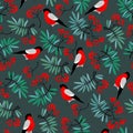 Bullfinch birds seamless pattern with Mountain ash leaves and berries