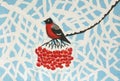 Bullfinch on branch with ashberries on branches with snow painting Royalty Free Stock Photo