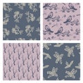 Bullfinch, branches, rowan berry seamless pattern