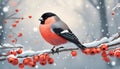 Bullfinch on a rowan branch. Beautiful winter Christmas wildlife vector illustration. Festive landscape.