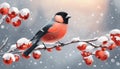 Bullfinch on a rowan branch. Beautiful winter Christmas wildlife vector illustration. Festive landscape.