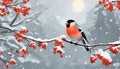 Bullfinch on a rowan branch. Beautiful winter Christmas wildlife vector illustration. Festive landscape.