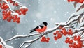 Bullfinch on a rowan branch. Beautiful winter Christmas wildlife vector illustration. Festive landscape.
