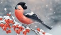 Bullfinch on a rowan branch. Beautiful winter Christmas wildlife vector illustration. Festive landscape.