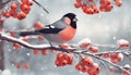 Bullfinch on a rowan branch. Beautiful winter Christmas wildlife vector illustration. Festive landscape.