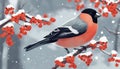 Bullfinch on a rowan branch. Beautiful winter Christmas wildlife vector illustration. Festive landscape.