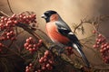 Bullfinch sitting on a rowan branch, bird, berries and nature, illustration. Generative AI