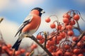 Bullfinch sitting on a rowan branch, bird, berries and nature, illustration. Generative AI