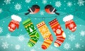 Bullfinches on the line with Christmas gloves and socks. Snowflakes and snowy hills background.