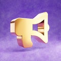 Bullhorn icon. Gold glossy Bullhorn symbol isolated on violet velvet background.