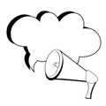 Bullhorn and speech bubble on white background in comic style. Pop art vector illustration