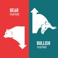 Bullish And Bearish Markets. Silhouette of a bull and a bear in front of trending arrows in between of them. Vector. Royalty Free Stock Photo