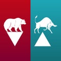 Bullish And Bearish Markets. Silhouette of a bull and a bear in front of trending arrows in between of them. Vector. Royalty Free Stock Photo