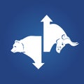 Bullish And Bearish Markets. Silhouette of a bull and a bear in front of trending arrows in between of them. Vector. Royalty Free Stock Photo