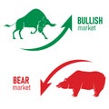 Bullish and Bearish symbols on stock market vector illustration. The symbol of the bear and the bull.