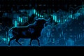 Bullish market and forex exchange growth concept with dark bull symbol on abstract digital background with financial chart