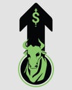 Bullish symbols on stock market vector. Fund, forex or commodity rising price, isolated on gray background. Green bull with up Royalty Free Stock Photo