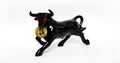 Bullish trend of Bitcoin crypto currency. Bitcoin gold coin and black bull. Virtual cryptocurrency concept