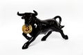Bullish trend of Bitcoin crypto currency. Bitcoin gold coin and black bull. Virtual cryptocurrency concept