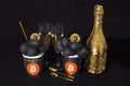 Bullish trend of Bitcoin cryptocurrency. Bitcoin gold coin and ice cream and champagne. Virtual cryptocurrency concept. Black