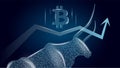 Bullish trend of Bitcoin with a polygonal bull and an upward arrow with BTC symbol on dark blue background.