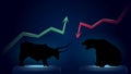 Bullish trend versus bearish trend with green up and red down arrows on dark blue background. Royalty Free Stock Photo