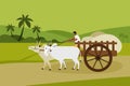 A villager transports goods in a bullock cart