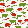 Bulls and bears seamless pattern. Exchange traders. Red up arrow